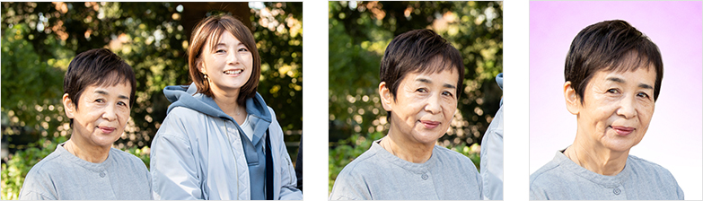 遺影写真の制作事例（Before/After）顔に掛かる影を取り除いた高齢女性